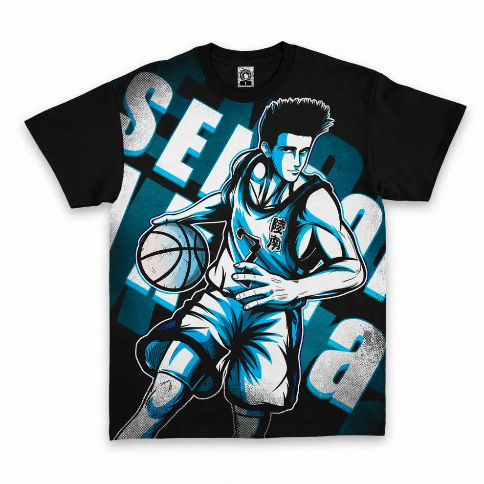 Anime Slam Dunk Sendoh Akira Tshirt Basketball Player Full Print Black Raglan Tee Unisex Manga Sports Casual Short Sleeve Tops