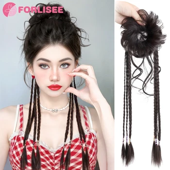 FORLISEE 합성 푹신한 천연 꽃 봉오리 머리, 드래곤 수염 볼 헤드, 하프 타이 브레이드, 복싱 브레이드