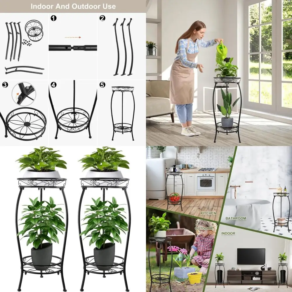 Dual-Tier Outdoor/Indoor Metal Plant Stand, 27.1 Tall, Heavy-Duty Rustproof, Ideal for Home, Garden, Patio, Balcony - Black