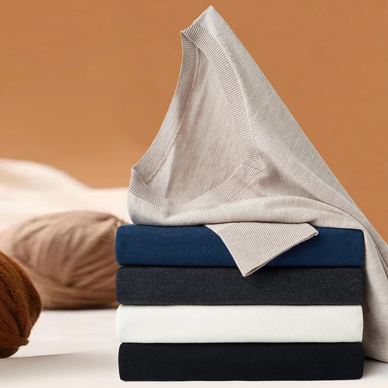 

Мужской свитер из шелка и шерсти, с V-образным вырезом, эластичный, осенний, качественный, мягкий, удобный, однотонный, повседневный.