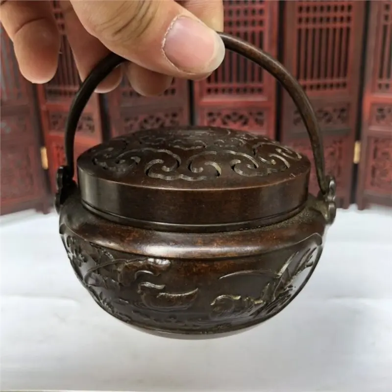 Exquisite - hand warmer, copper-colored burner, engraved with flowers, birds, insects, and fish, aromatherapy burne
