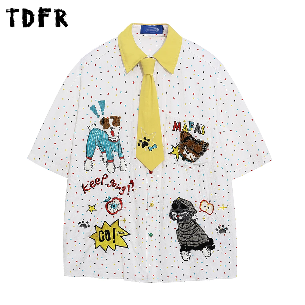 Polka Dot Short Sleeve Shirts Mens Embroidery Summer Retro Casual Cotton Spliced Lapel Single Breasted Half-Sleeve Shirts Man