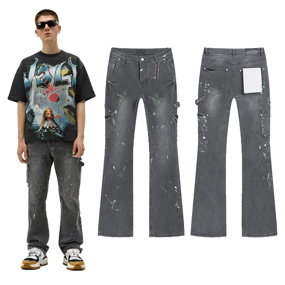 

Streetwear Flare Cargo Jeans with Distressed Printed Rhinestones Hiphop Street Style Cotton Casual Rock Revivals Jeans for Men's