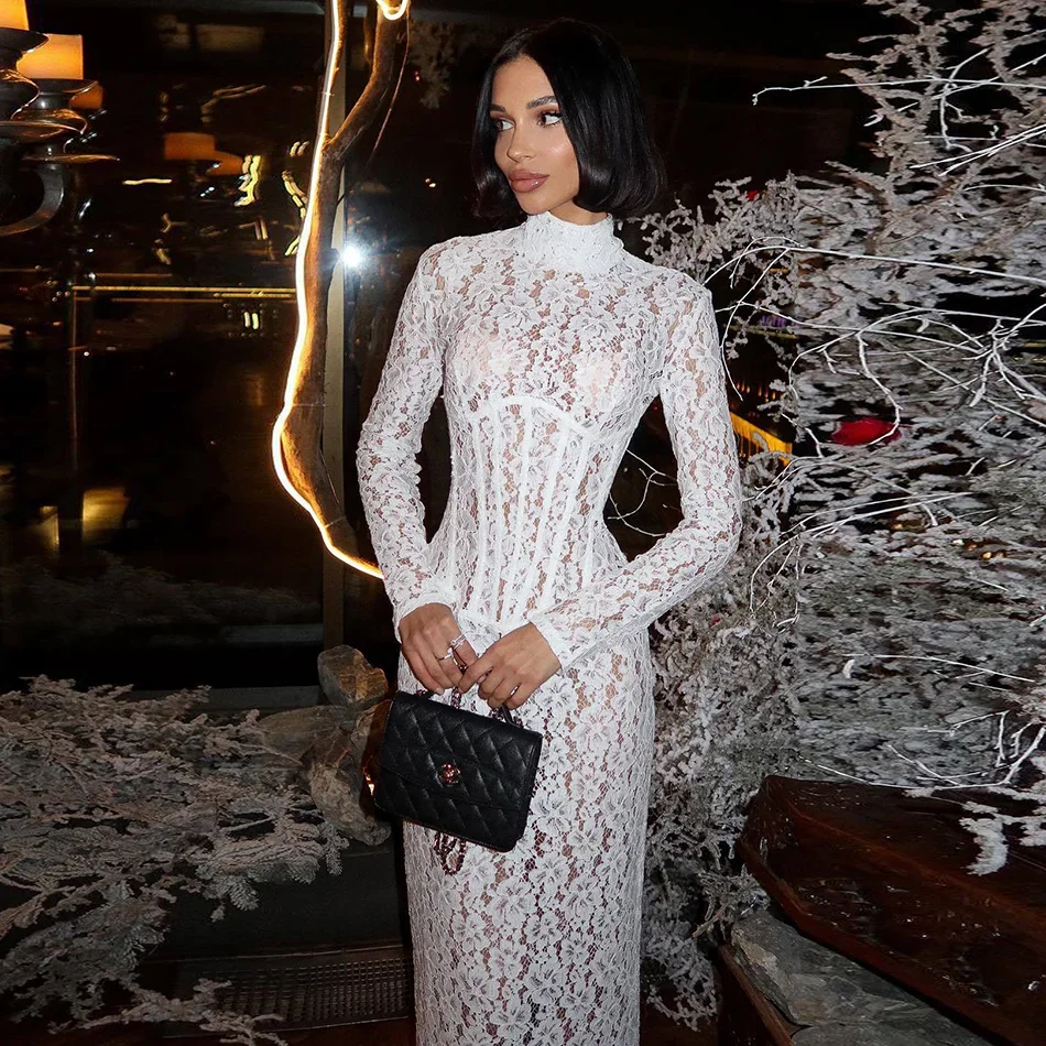 

TARUXY Elegant Slim Lace Dress Women Solid Sheer Sexy High-Neck Long-Sleeve Party Dress 2026Summer New Fashion Long Dress Female