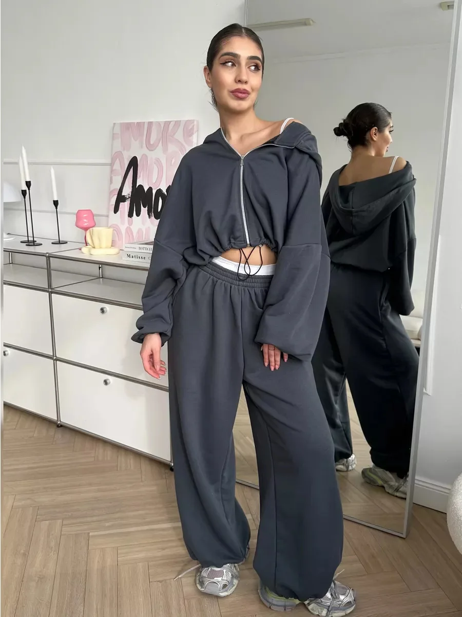 

Женский повседневный комплект из двух предметов, однотонная толстовка на молнии с завязками, эластичная талия, спортивный костюм, одежда для отдыха, наряд