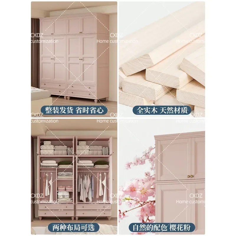 Pink Solid Wood Wardrobe with Mirror Self Assembly Bedroom Clothes Storage Cabinet Hanging Organizer No Installation Required