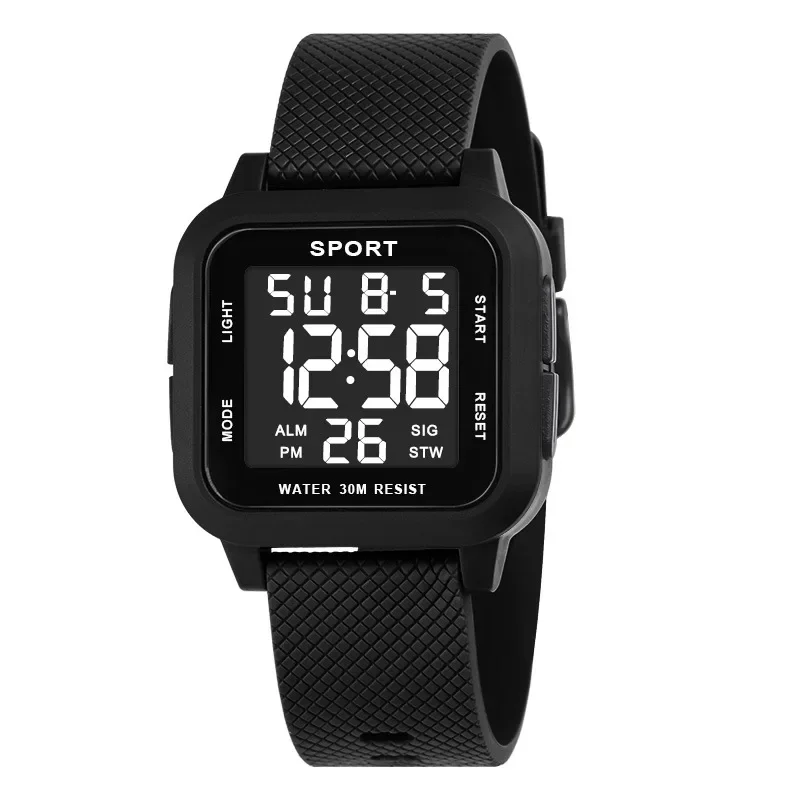 Homens LED Digital Sports Watch, Relógio de pulso eletrônico, Alarme, Relógio Chrono, 3Bar impermeável, Preto, Novo, 2024