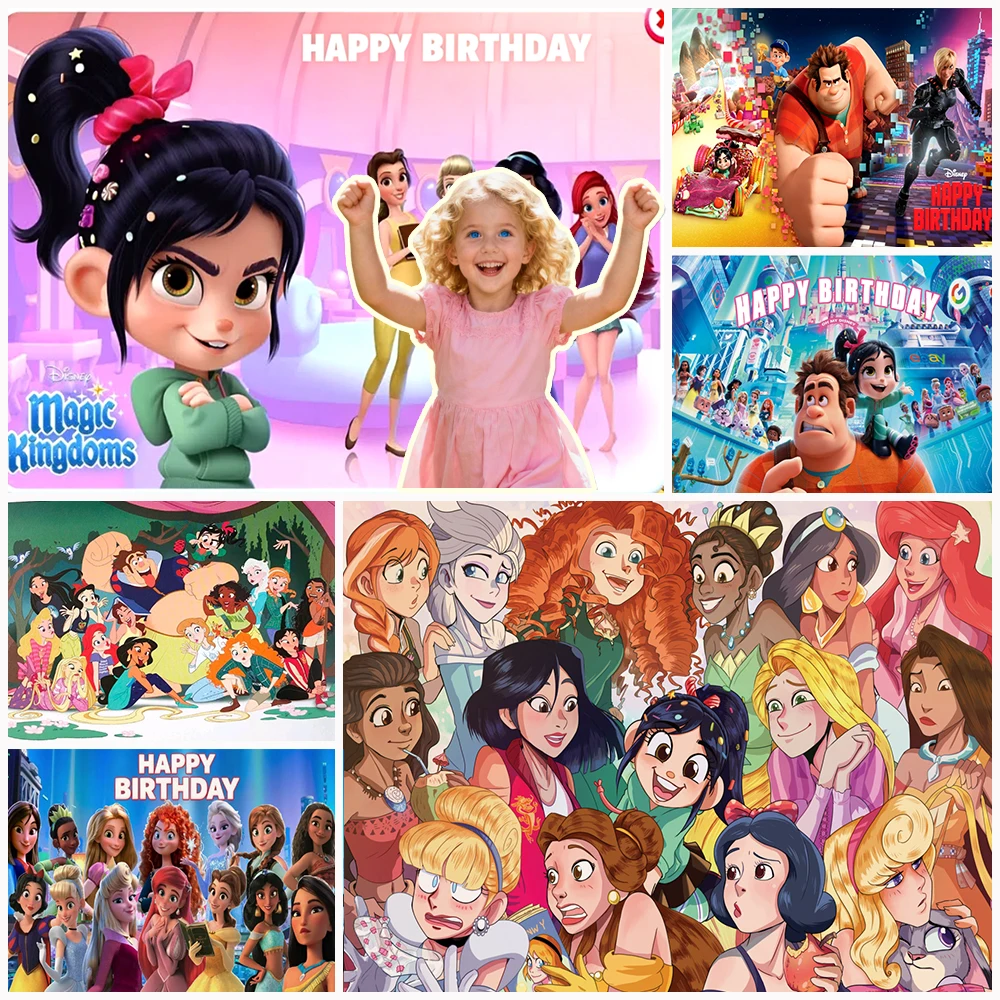 

Disney Princess Elsa Ariel Snow White Girl Birthday Party Decoration Background Ralph Breaks The Internet Photography Backdrop