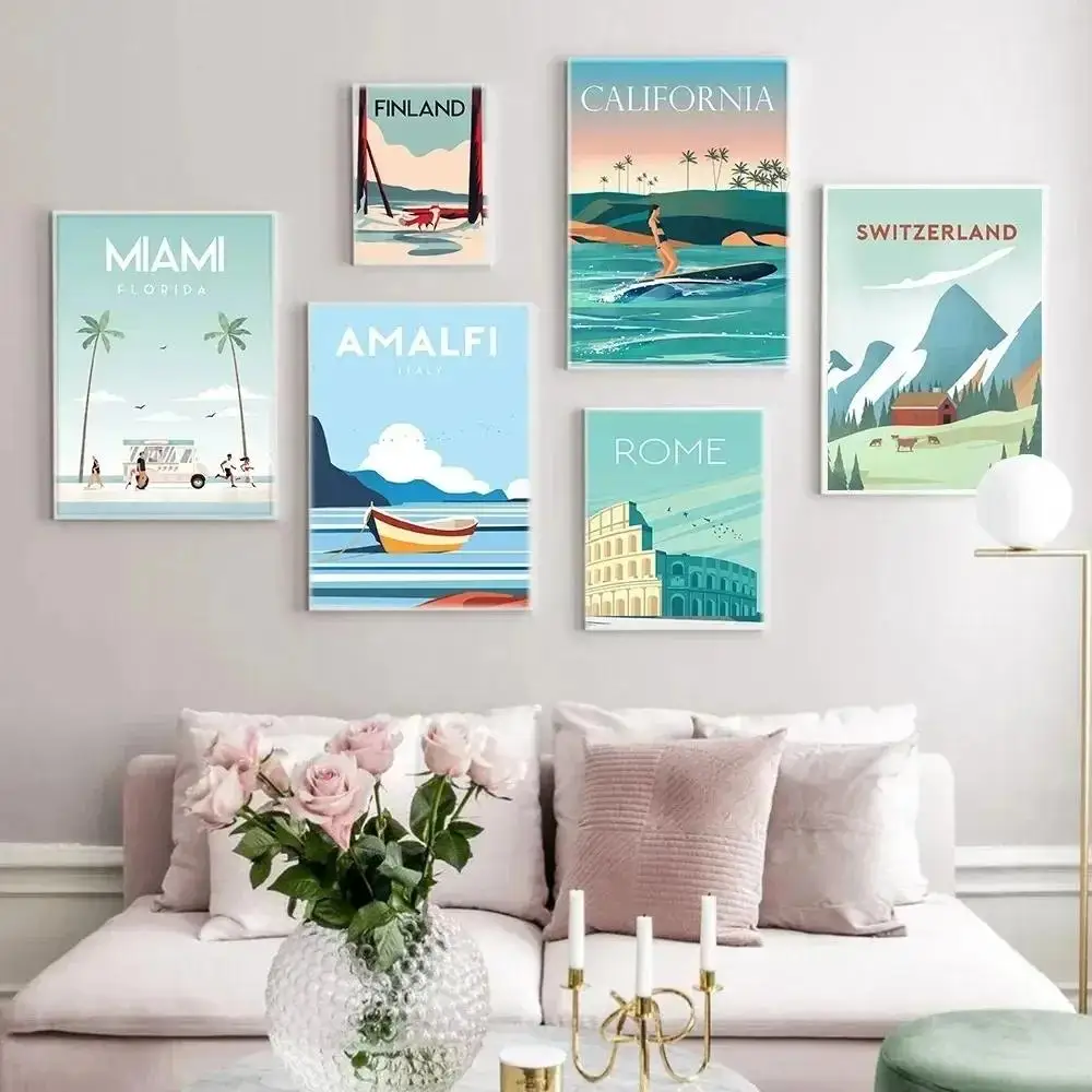 Travel Posters of Famous Cities  Finland Hawaii Rome Switzerland Italy  Landscape Canvas Paintings for Living Room Wall Decor