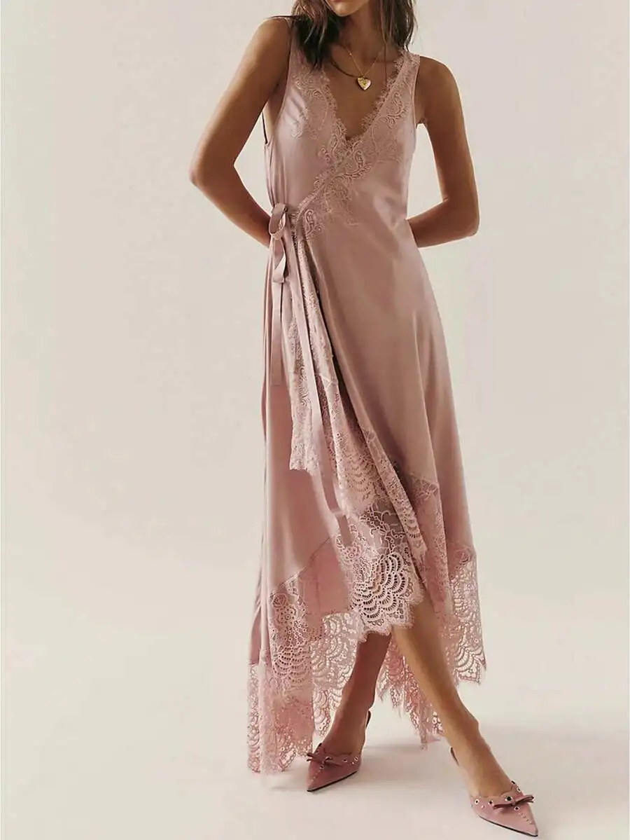 

Womens Lace Trim Wrap Maxi Dress Flowy Boho Summer Evening Dress