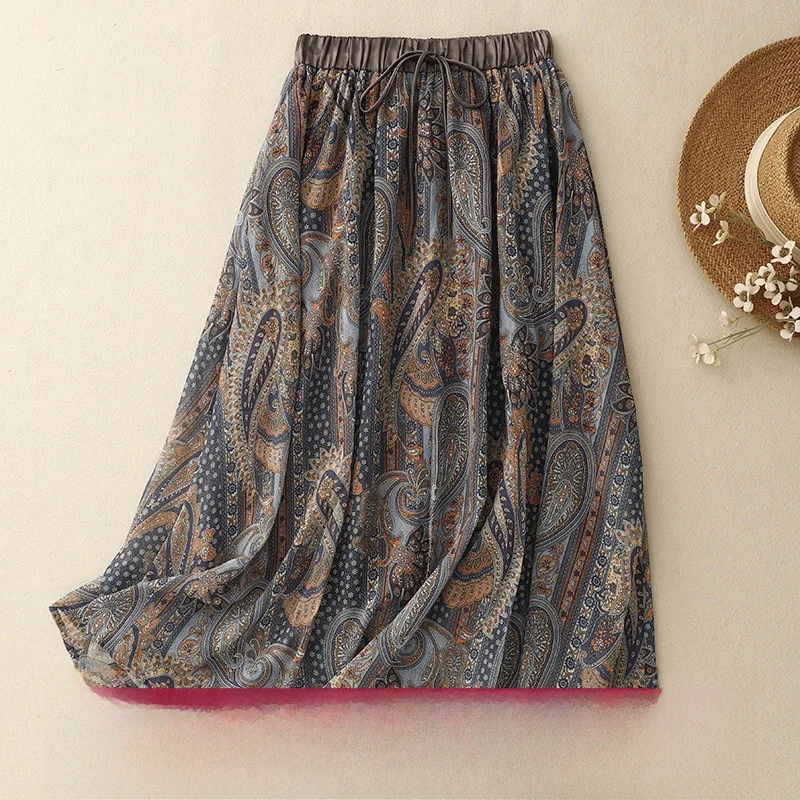 

Весенне-летняя синяя юбка-полусолнце с цветочным принтом из сетки для женщин, модная модель для фигуры типа «груша», в стиле Хепберн, новинка 2026 года