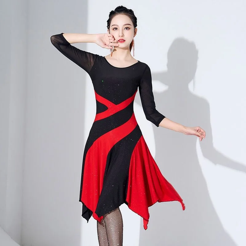 Robe de danse latine irrégulière rouge noir 7/4 manches carrées Jitba femme pratique jupe adulte Costume Régions ba rayure couture HI-Q