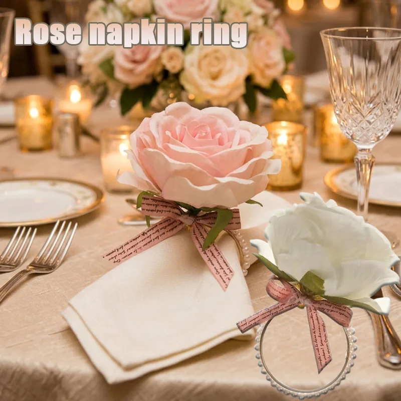 1-24PCS Pearl Flower Napkin Rings Alloy Rose Napkin Holder Creative Table Decor for Wedding Party Hotel Dining Centerpiece