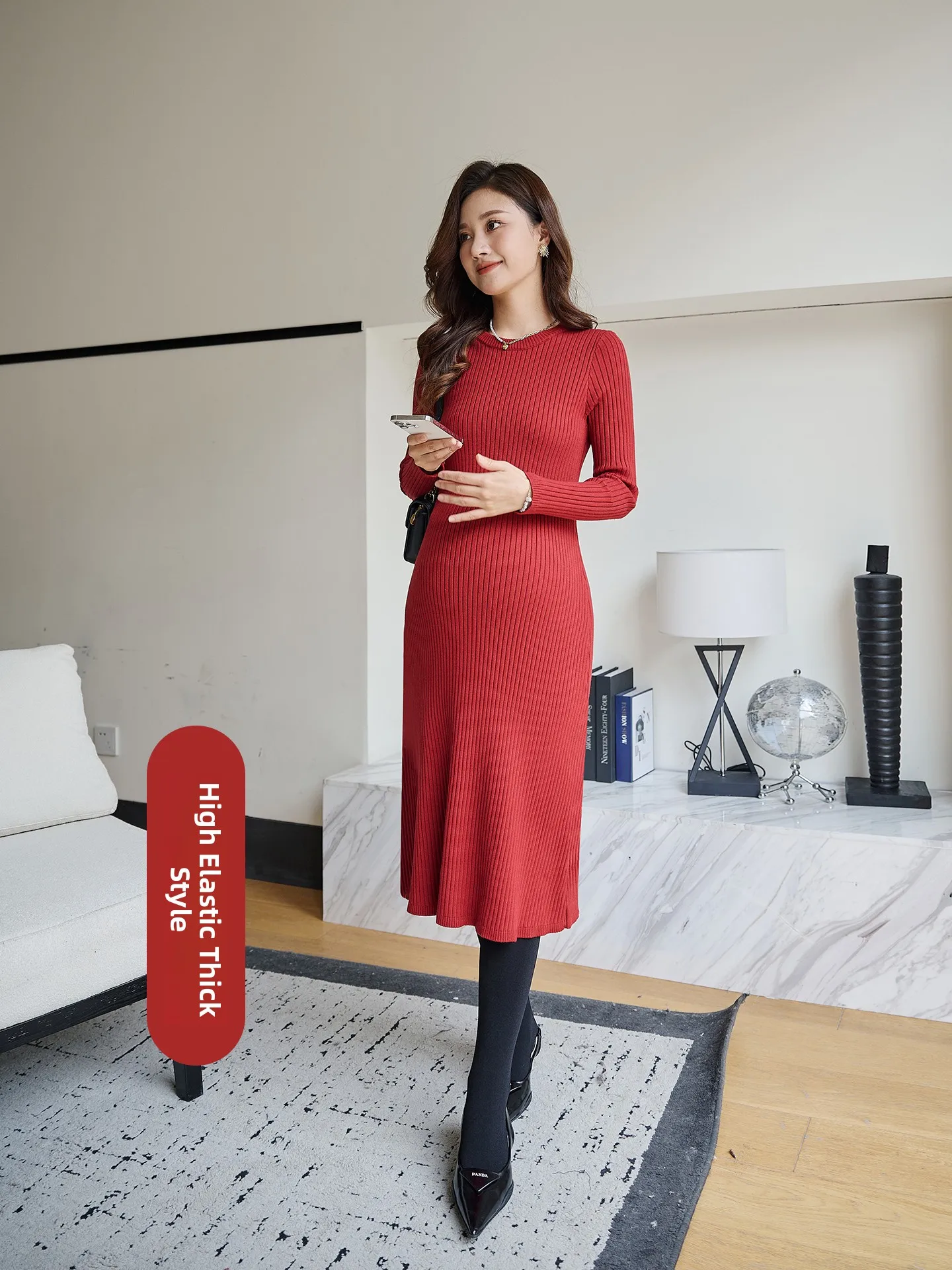 

Maternity Thickened Knitted Sweater Women's Mid-Length Base Layer Shirt Soft Cotton Warm Fleeing Autumn Winter New Style Dress