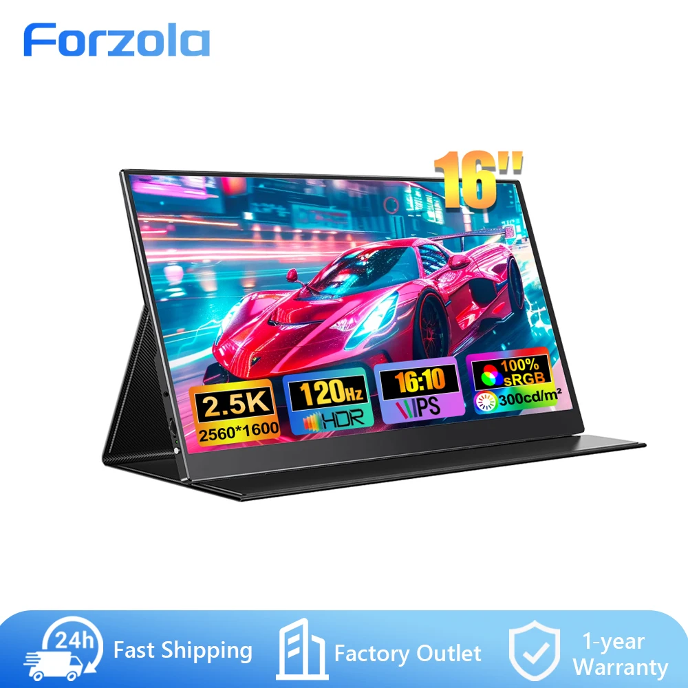 FORZOLA Portable Monitor 16 inch 2.5K 2560x1600 120Hz HDR External Display for Laptop Mac PC PS5 Xbox with Cover & Speakers VESA