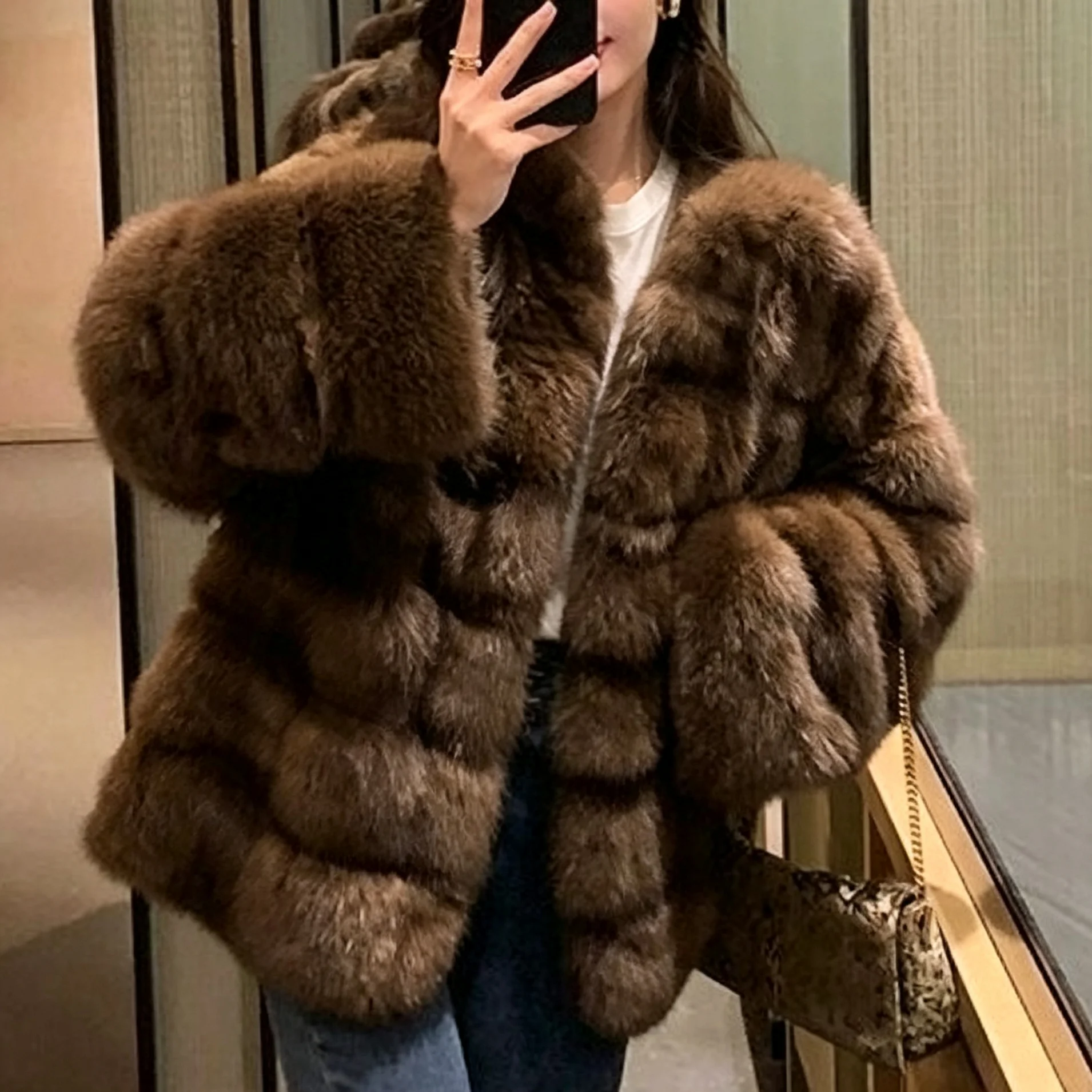 RU Women Faux Fur Coat Horizontal Segmented Plush Stand Collar Warm Outerwear For Daily Street Party Fashion Outfits