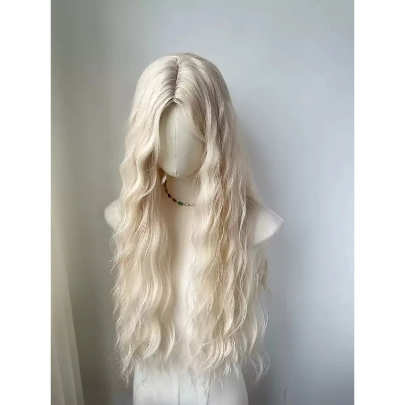 Platinum Blonde Long Wavy Wig Lace Front Wool Curls Big Wave Summer Thin Synthetic Hair Wig for Women Daily Cosplay