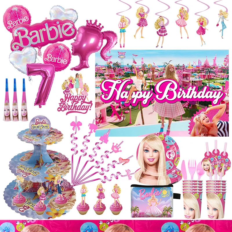 Barbiee Birthday Party Decorations For Girls Toy Aluminum Foil Latex Balloons Disposable Tableware Backdrop Baby Shower Supplies