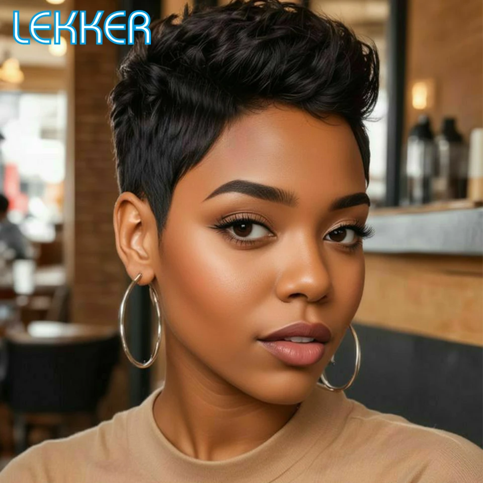 Lekker 여성용 짧은 픽시 컷 스트레이트 레이스 프론트 100% 인모 가발, 브라질 레미 헤어 슬릭 백 데일리 글루리스 가발