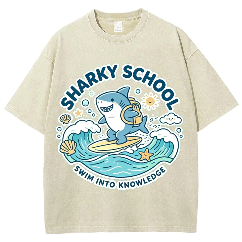 Shark School Cartoon Graphic T-Shirt Funny Shark Surfing Ocean Waves Casual Short Sleeve Summer Tee Unisex Top