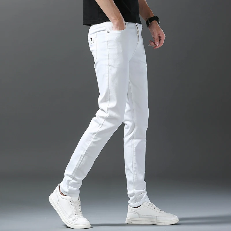 새로운 98% 코튼 남성 패션 슬림 청바지 스트레치 스트레이트 봄 가을 럭셔리 데님 바지 캐주얼 비즈니스 연필 바지
