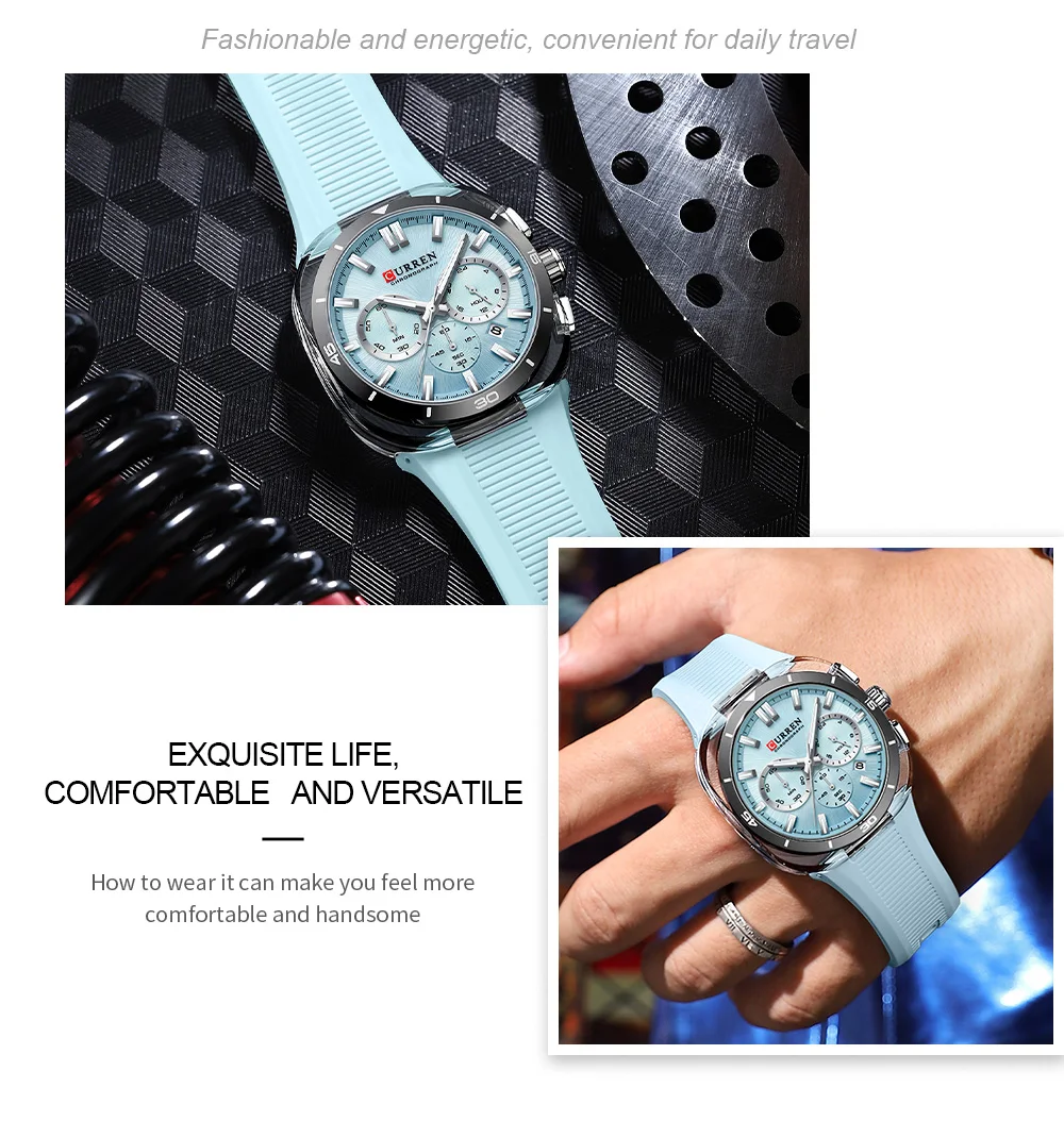 CURREN Herren Luxus-Sportuhr Chronograph Quarz-Armbanduhr mit Silikonarmband Leuchtende Zeiger Relógio Masculino – Detail 2