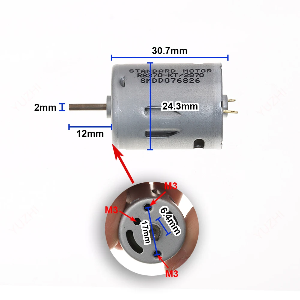 Mini RS370-2870 Motor DC 12V High Speed Large Torque Strong Magnetic 24mm*30mm Round Motor with Cooling Hole