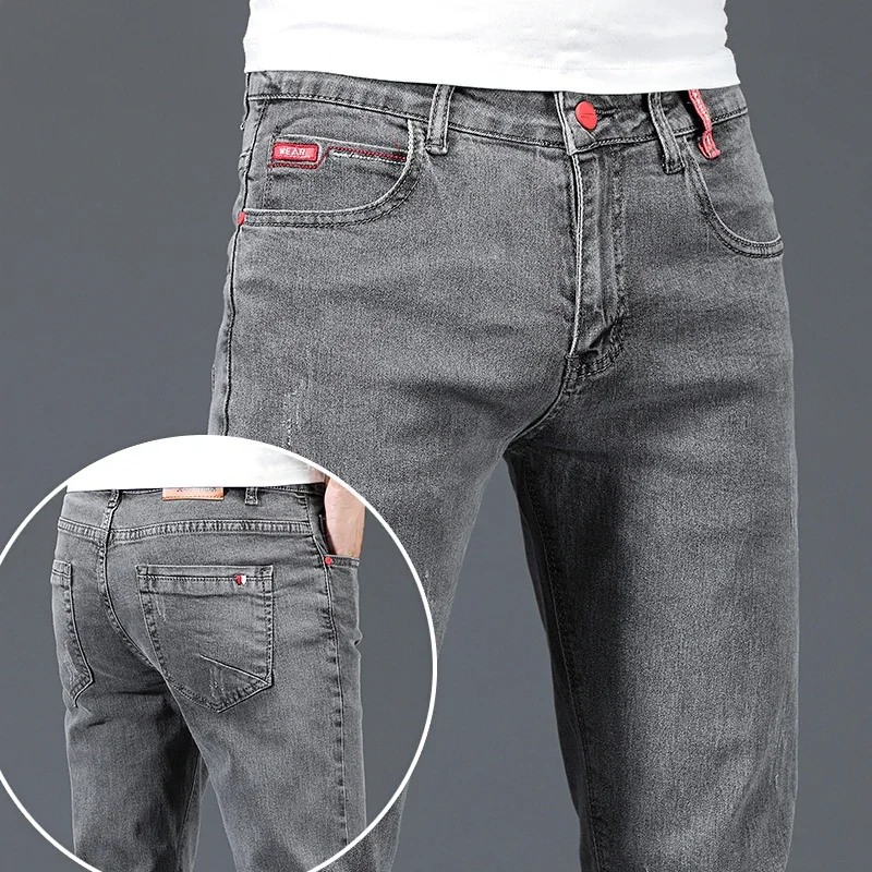 Nowa marka modowa Slim szare niebieskie obcisłe dżinsy męskie Business Casual klasyczne bawełniane Trend elastyczne młodzieżowe spodnie dżinsowe ołówkowe