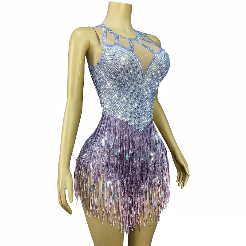 Błyszczący strój z cekinami i dżetami, damski kombinezon z frędzlami do tańca jazzowego, na imprezę w barze, klubie nocnym, dla DJ-a, na występy sceniczne, XS10284