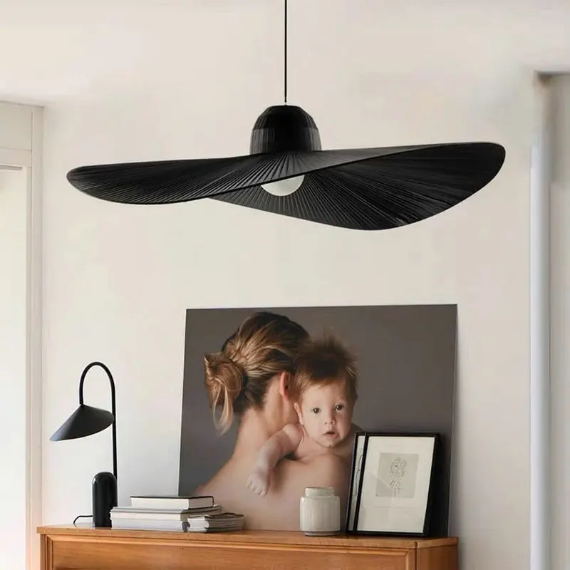 

white and black fabric art pendant light, creative design straw hat shaped