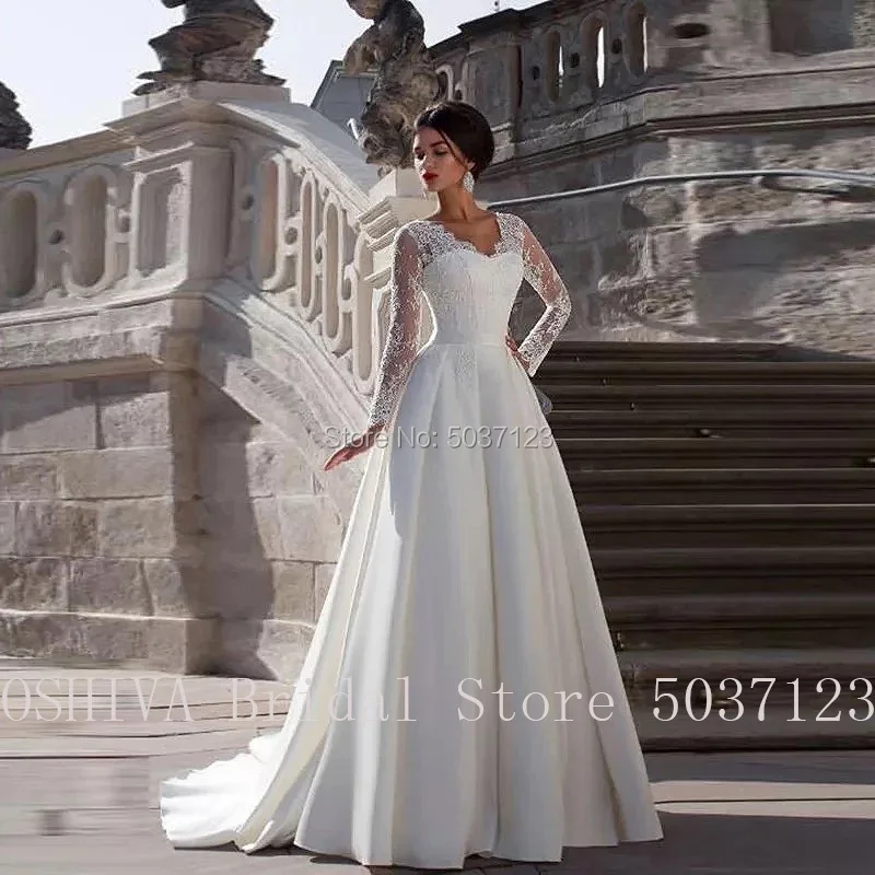 Vestido de novia plisado de satén, prenda cómoda de manga larga con encaje, escote Corazón, cremallera en la espalda, longitud hasta el suelo, 2021