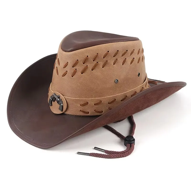 Classic Western Men\'s Cowboy Hat Women Cowgirl Cap Faux Leather Black Outdoor Gentleman Sombrero Hombre With Windproof Rope