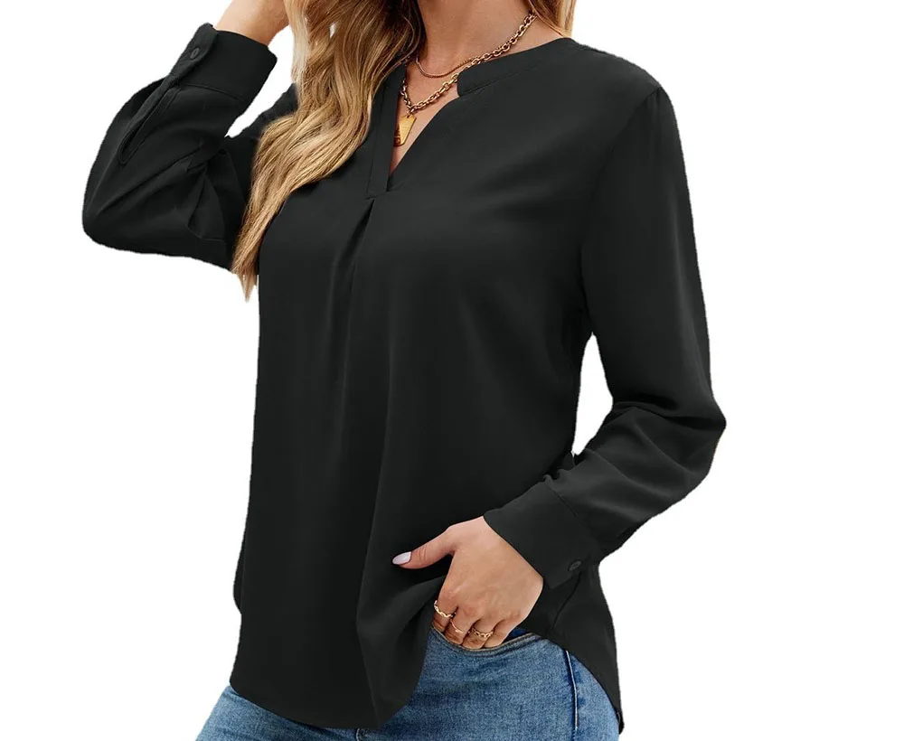 

T-shirt for Women Fall and Winter Fashion New Solid Color Loose V-neck Hedging Long-sleeved Blouse