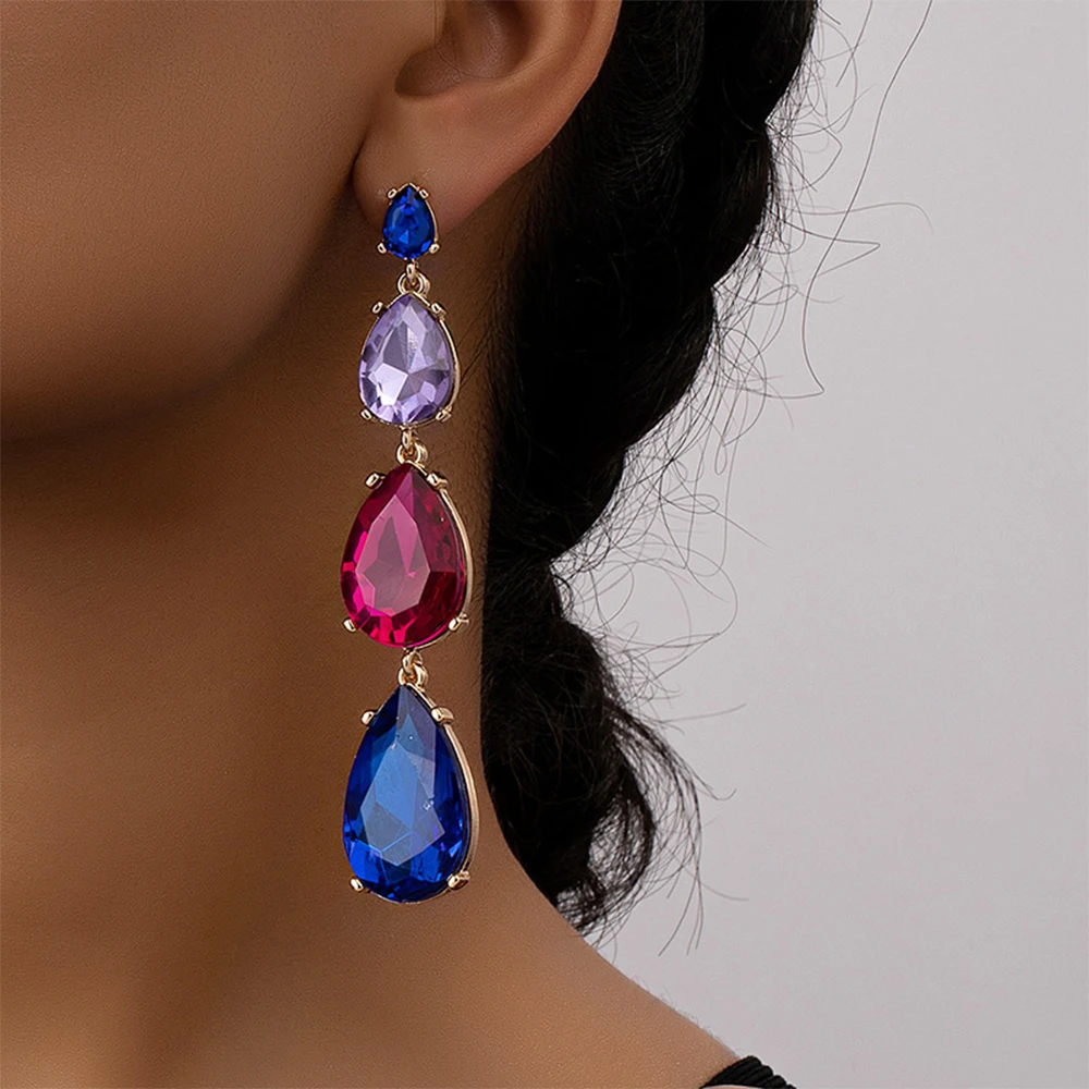 Luxury Water Drop Shiny Fuchsia Blue Crystal Dangle Earrings Women Party Jewelry