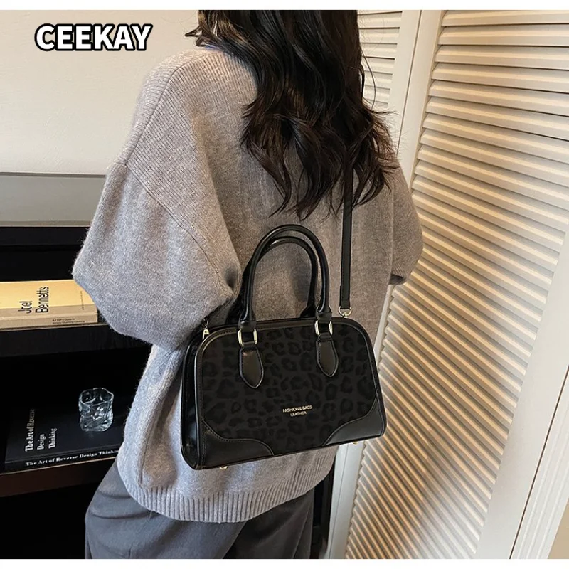 CEEKAY Women's Handbag Brown Leopard Print Splice PU Leather Small Barrel Bag Top Handle Zipper Daily Commute Casual Vintage