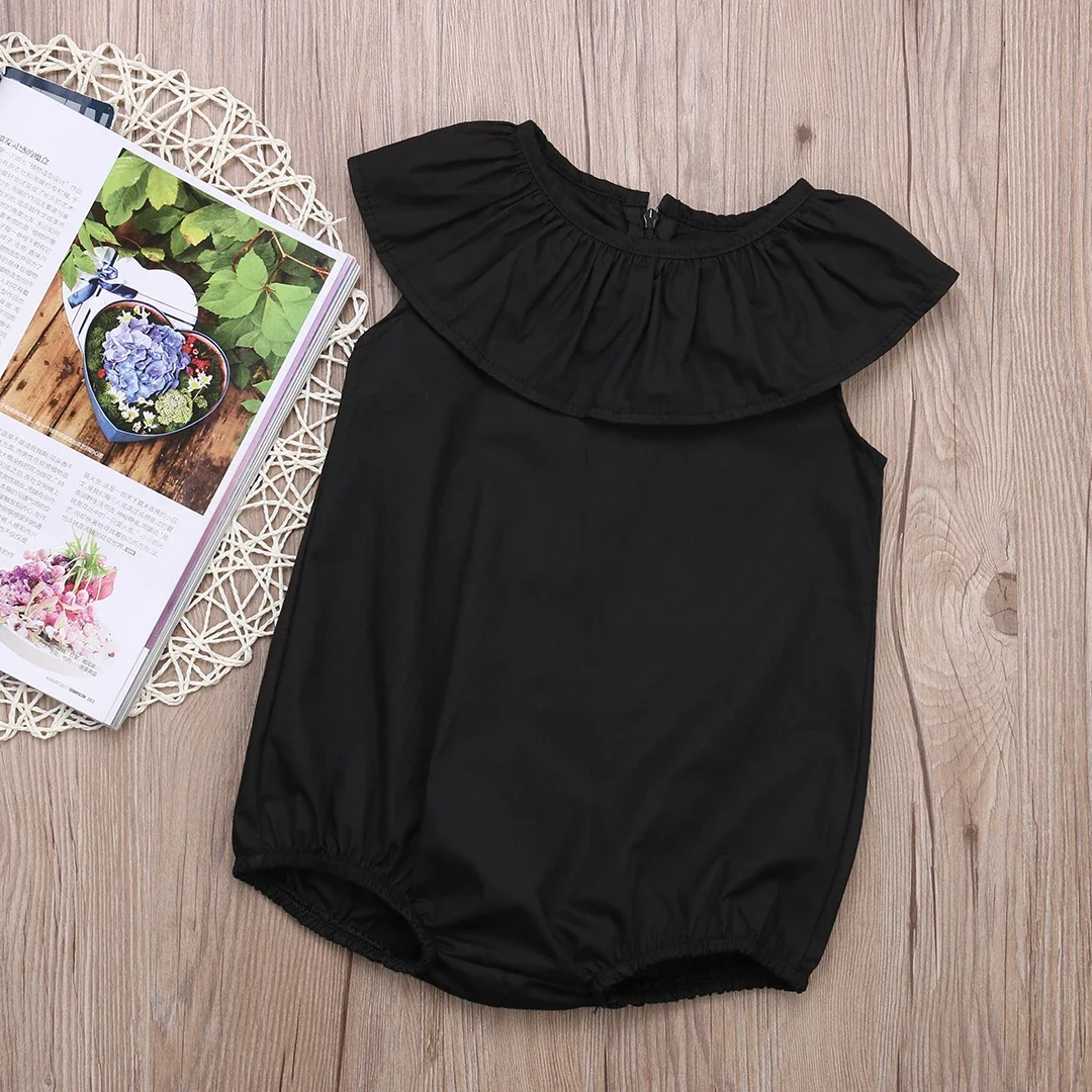 Summer Infant Girls Romper, Black Cotton Jumpsuits, Short Sleeve, Pretty, Casual, Kids Clothes