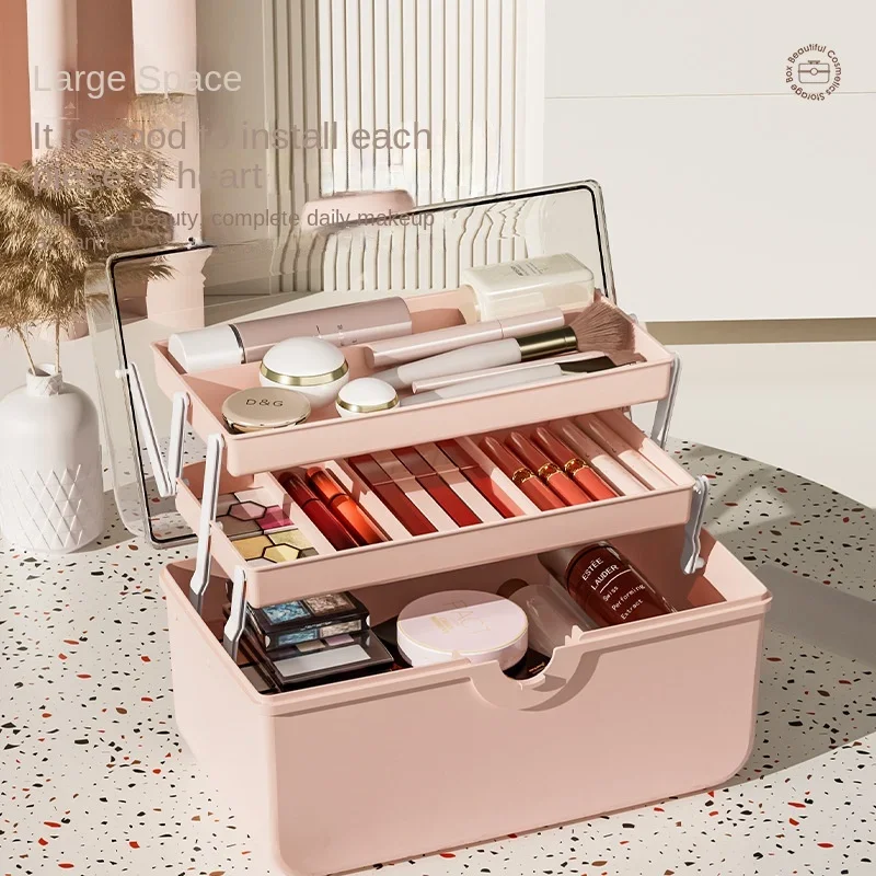 Scatola portaoggetti per trucco rosa per donna con manico scatola portaoggetti cosmetica Organizer custodia per trucco portatile a 3 strati per la