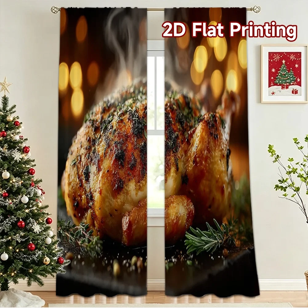 2D flat 2pcs Curtain Vintage drapes and curtains Thanksgiving Roast Chicken Durable polyester fiber Holiday Decorations for