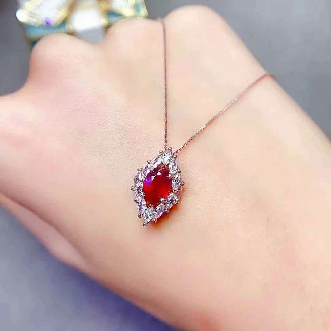 Dazzling 925 Silver Ruby Pendant 6mm*8mm 1ct Heated Natural Ruby Necklace Pendant with 18K Gold Plating