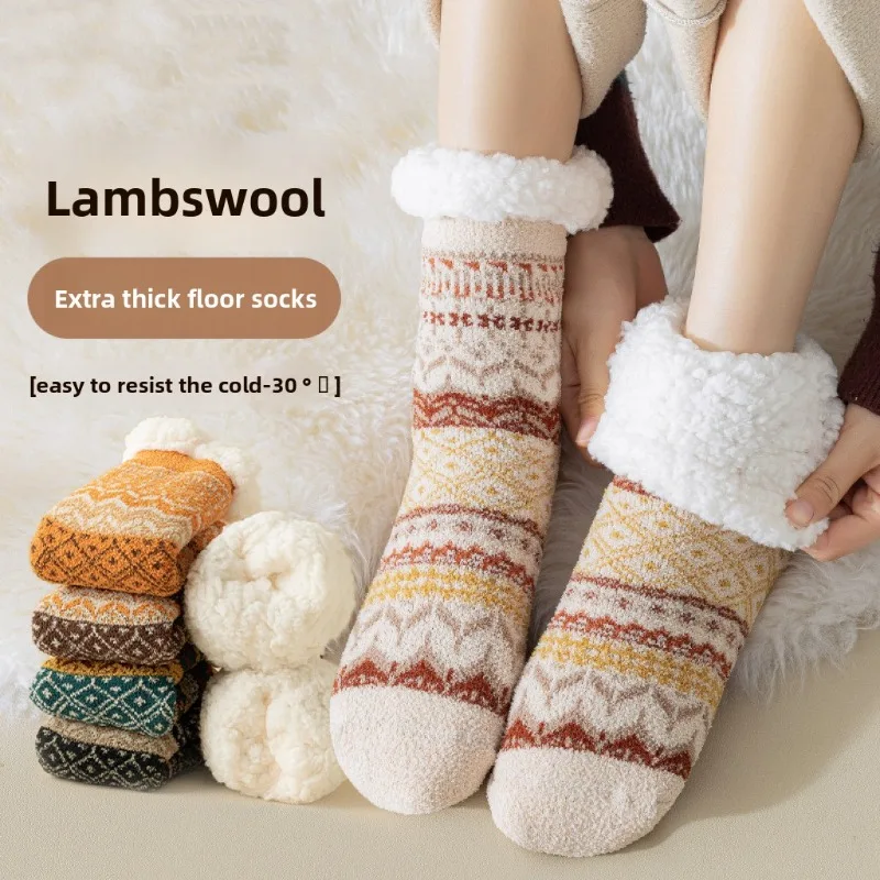

Lamb Fleece Floor Socks for Women Autumn and Winter Thickened Fleece for Warmth and Anti Slip Silicone Home Socks Mid Tube Socks