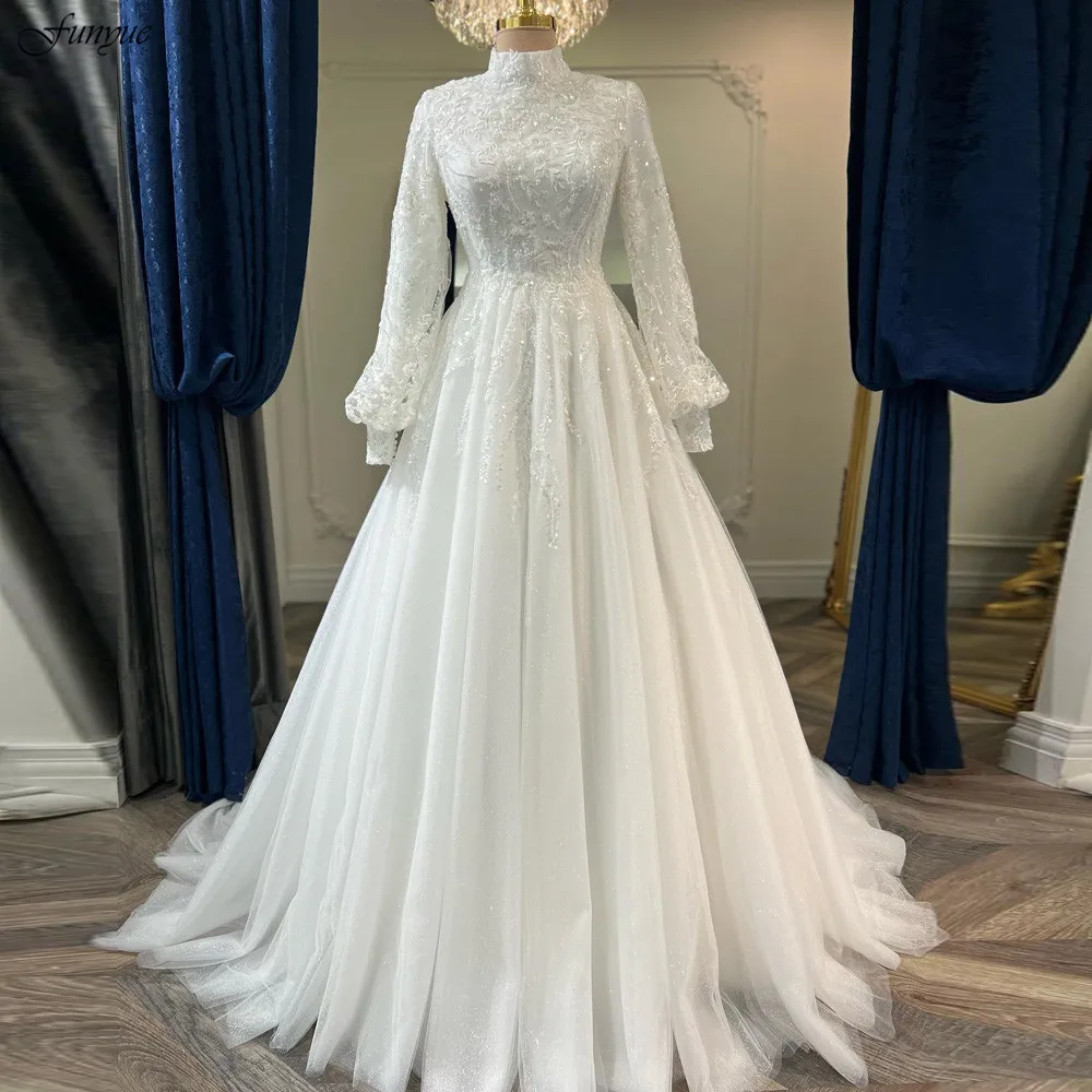 Funyue A-Line Lace Wedding Dresses For Women 2025 Spring Muslim Vintage High Neck Long Sleeves Bridal Gown Robes De Mariée