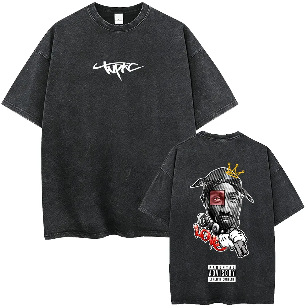 Washed Vintage Rapper Tupac 2pac Double Sided Print T-shirt Men Women Hip Hop Fashion Retro T Shirt Male Casual Oversized Tshirt