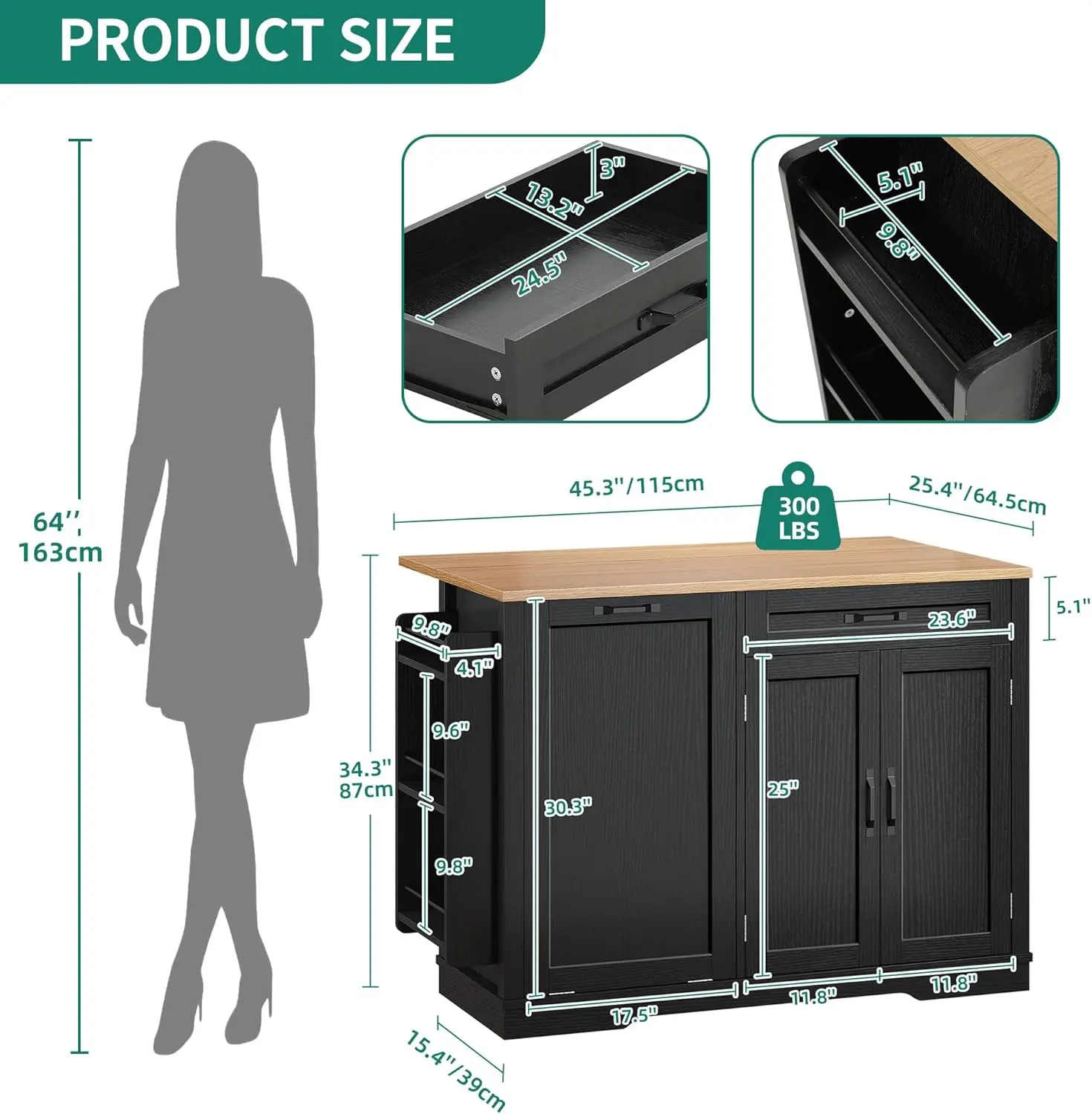 50 Inch Rolling Kitchen Island with Trash Can Storage Cabinet & Drop Leaf, Portable Mobile Islands Table Long Floating Movable