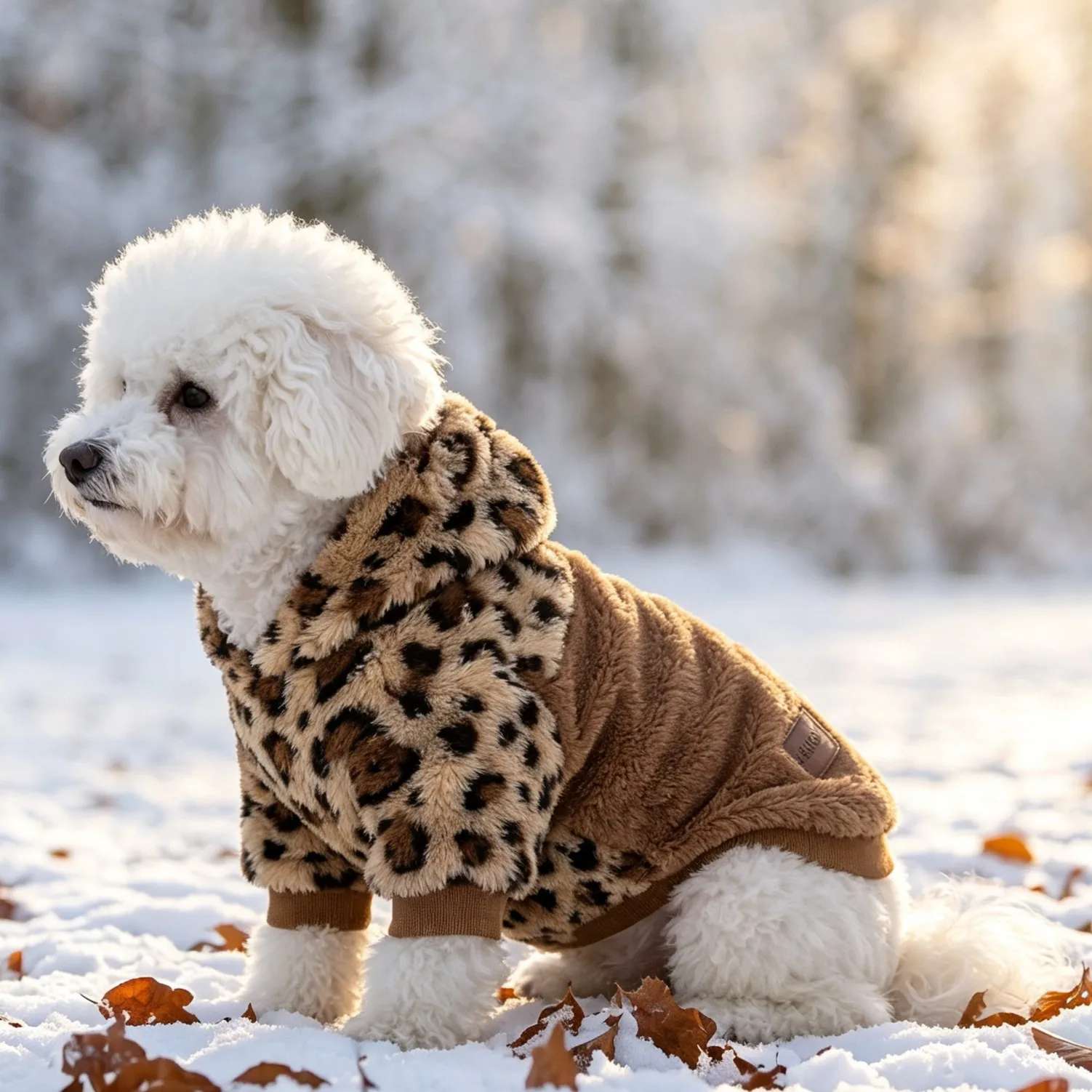 Hundejacke, Vintage-Hundemantel mit Leopardenmuster, Plüschstoff, farblich abgesetzte Kapuze, doppelseitiger Plüsch, warm und mit Taschen, Hundebekleidung. – Detail 6