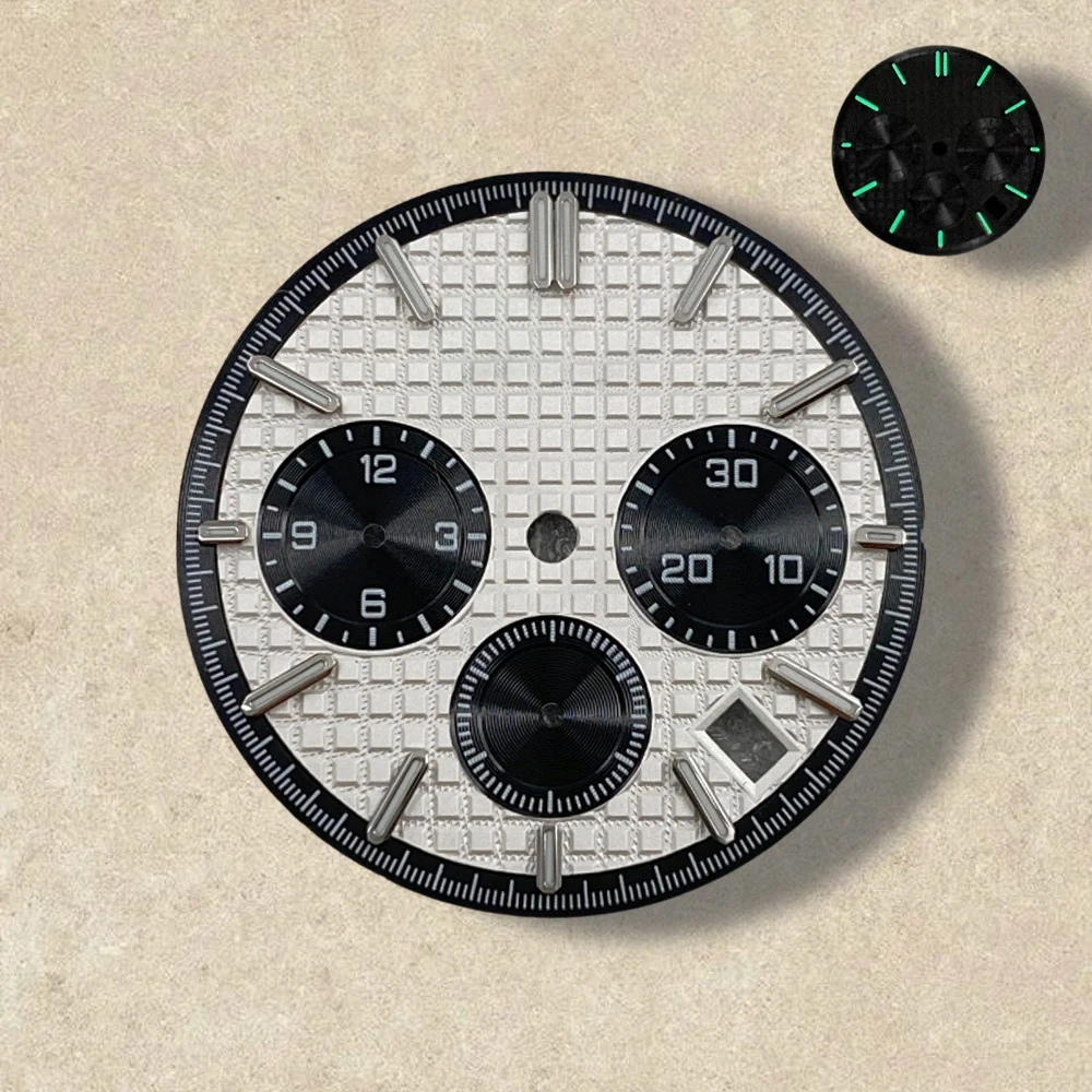 31.8 มม.S โลโก้ PANDA สามตา Dial Fit VK63 การเคลื่อนไหวสีเขียวส่องสว่างคุณภาพสูง Dial นาฬิกาการปรับเปลี่ยนอุปกรณ์เสริม