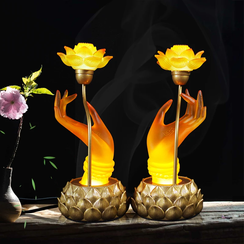 2-Pack Zen Style Seven Color Gradient Resin Buddha Lamp with Crystal Lotus LED Table Lamp A Pair of Hands