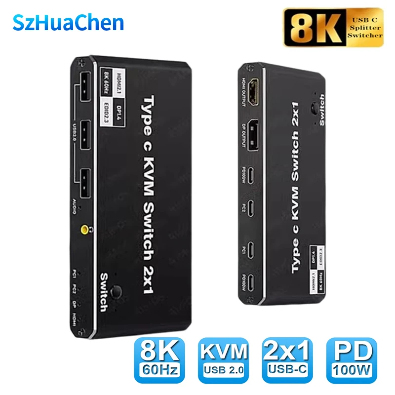 2x1 8K Thunderbolt 4 USB C KVM Switch 100W PD Charge 4K 144Hz Type C KVM Switch Switcher for 2 Laptop Macbook 1 Monitor