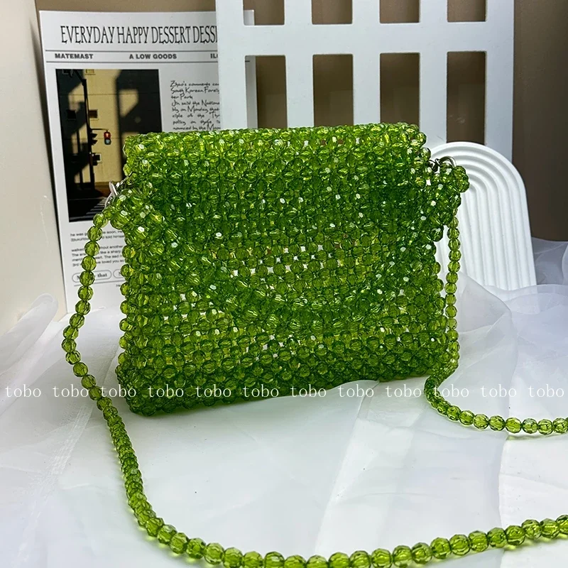 New Summer Handmade Bead Lunch Bag with Long Chain Women's Transparent Crystal Stone Handle Designer Handbags Luxury