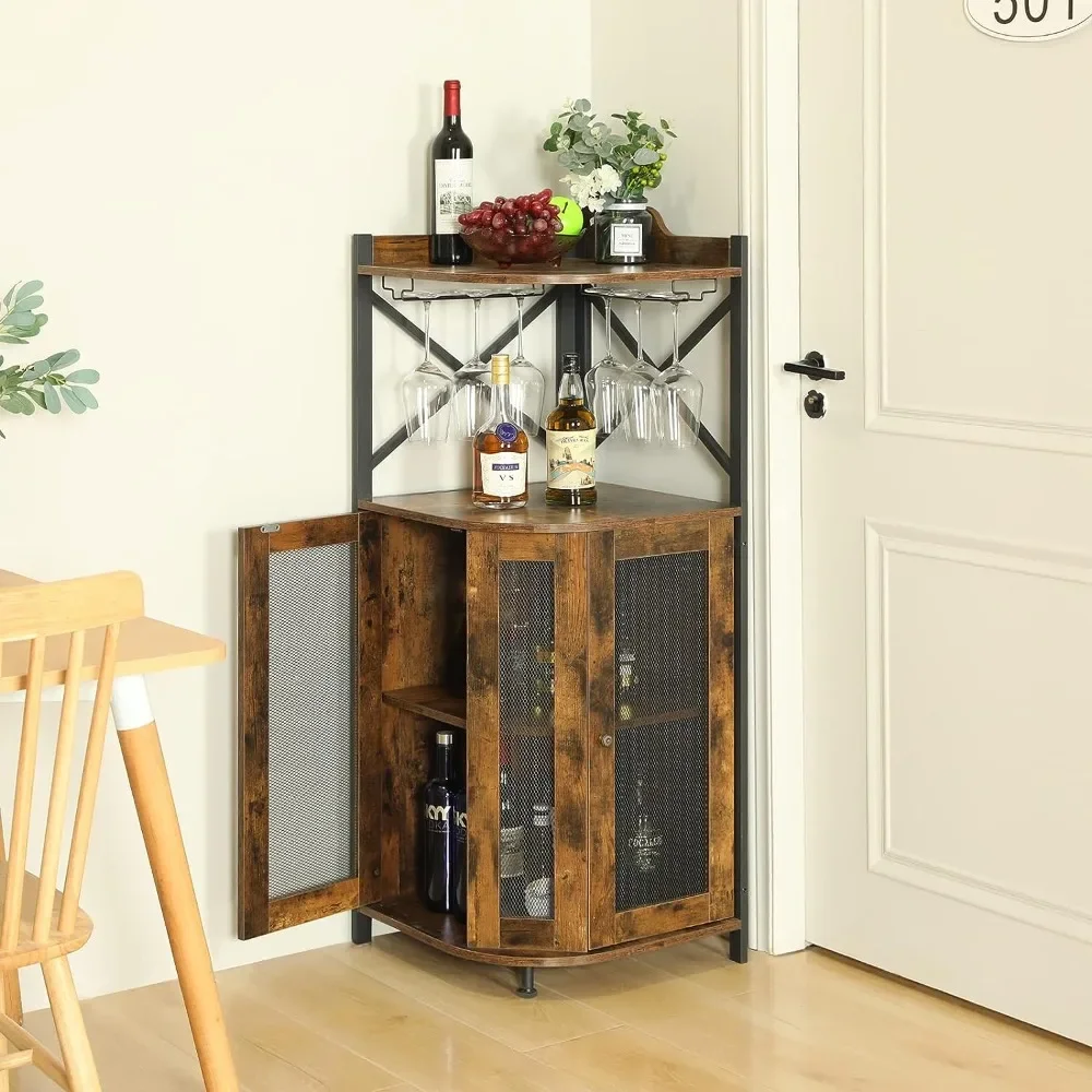 JKsmart Corner Bar Cabinet with Glass Holder,Industrial Wine Cabinet with Mesh Door,Wine Bar Cabinet,Rustic Brown