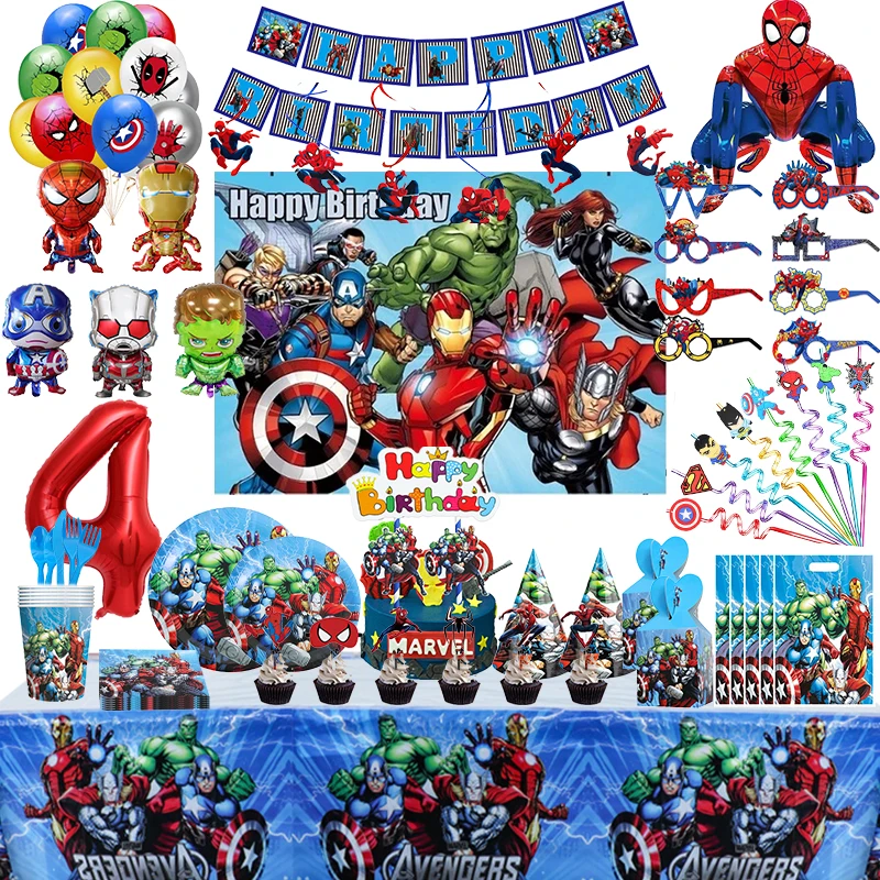 Marvel Avengers Birthday Decoration Superhero Theme Tableware Cups Plate Spiderman Iron Man Balloons Party Supplies For Kids Boy